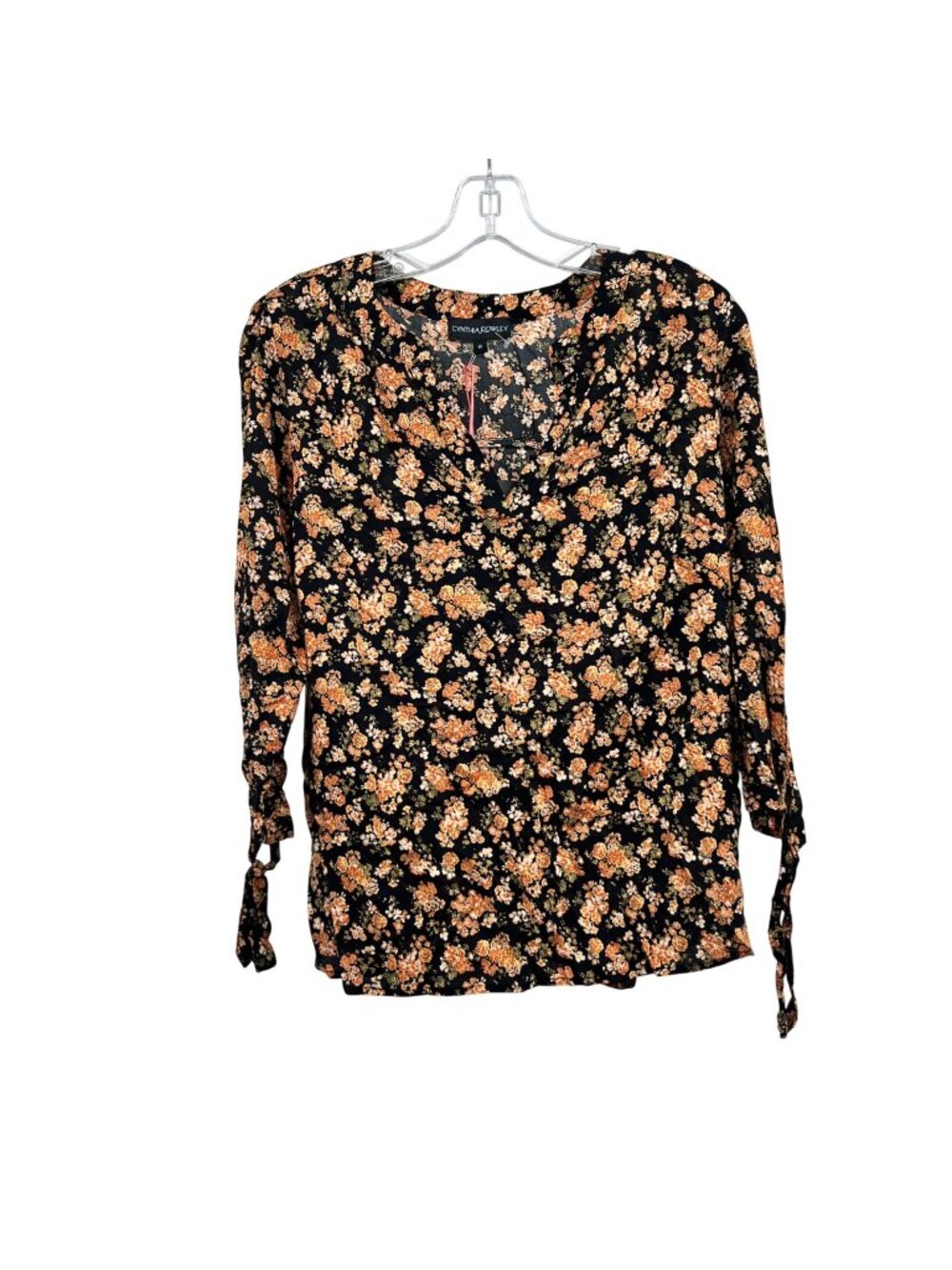 Cynthia Rowley Floral Top 3/4 Tie Cuff Sleeve Black/Multi Size Medium New
